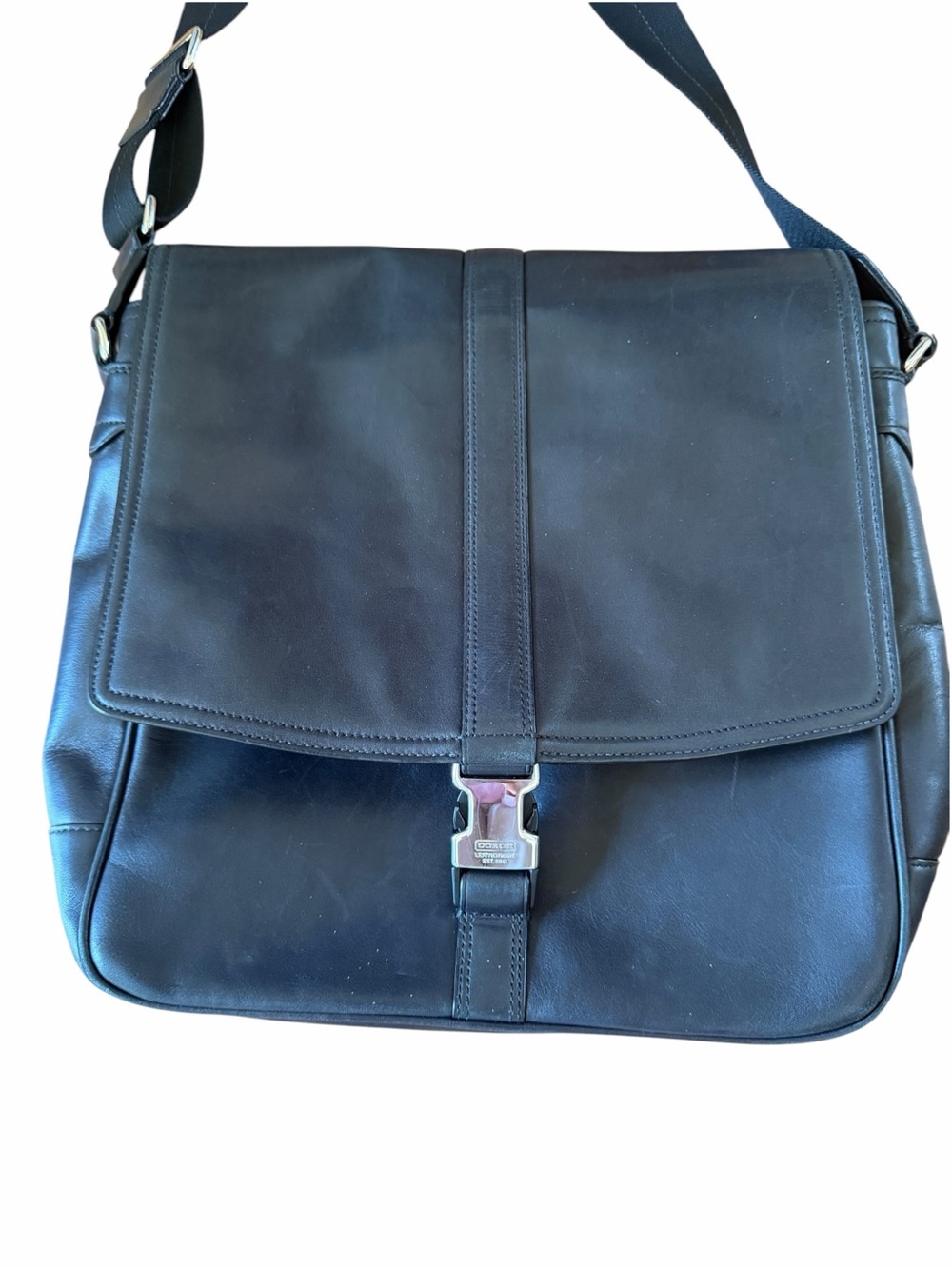 Coach Black Leather Messenger Bag with Silver Hardware